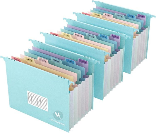Expanding Hanging File Folders for Filing Cabinet, 7 Accordion Pockets Filing Cabinet Organizer, 1.2'' Expandable, Multi-Color Tabs, Letter Size, 50% Wheat Straw, 3 Pack (Pastel Blue)