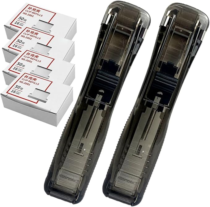 Reusable Stapler with 2 Black Desktop Paper Clip Dispensers and 200pcs Refill Clips, Multi-Function Office Stapler for Document Binding and File Organization