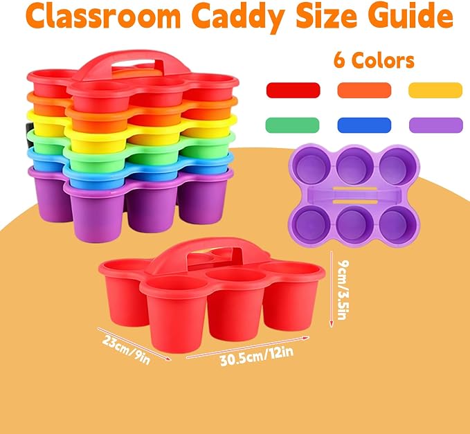 6 Pack Classroom Caddy Organizer with Handle Multicolor Plastic Table Caddy 6 Compartments Storage Cup Holder for School Supplies Art Crafts Crayons Pencils Stackable Desk Caddy for Office