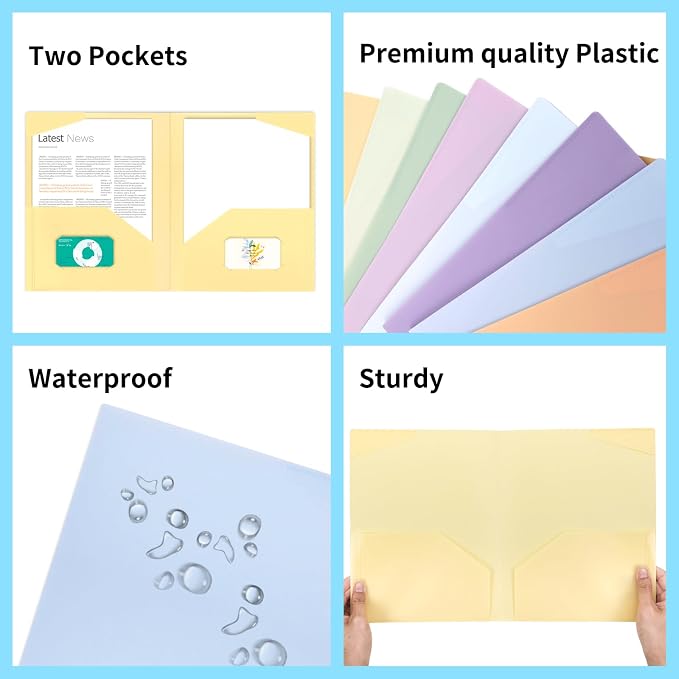 EOOUT 32pcs Plastic Folders with Pockets, Heavy Duty Pocket File Folders, 2 Pocket Folders with 2 Business Card Holder, 8 Colors, Letter Size, A4 Size, for Office School Filing Supplies