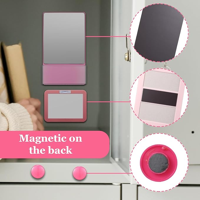 Fuyoooo Magnetic Locker Accessories Back to School Essentials Include Magnetic Mirror with Holder Magnet Mesh Pen Holder Small Whiteboard and Magnet for Office School Locker Organizer(Classic,Pink)