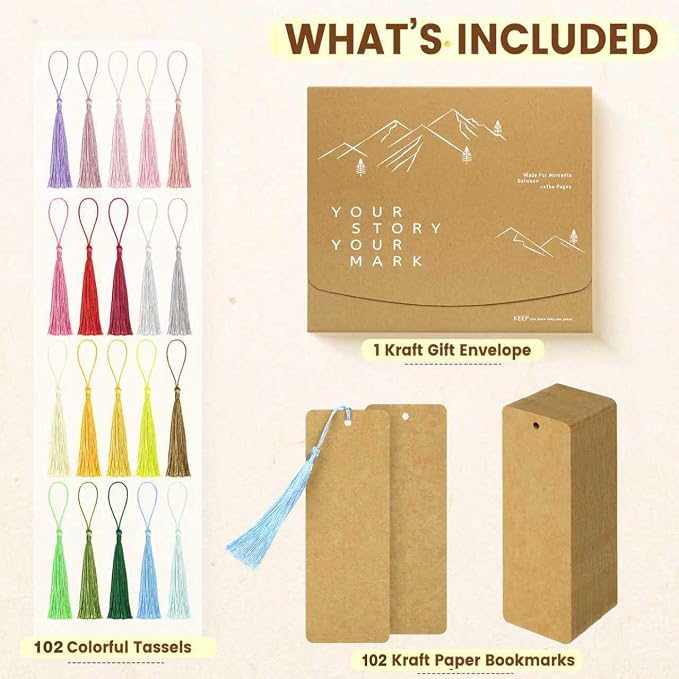 102 pcs Blank Bookmarks with Colorful Tassels – 350gsm Cardstock Bookmark Blanks for DIY Crafts, Holiday Gift Tags, Classroom Projects & Reading Rewards – 5.5 x 2 inch Bookmark Kit (Brown)