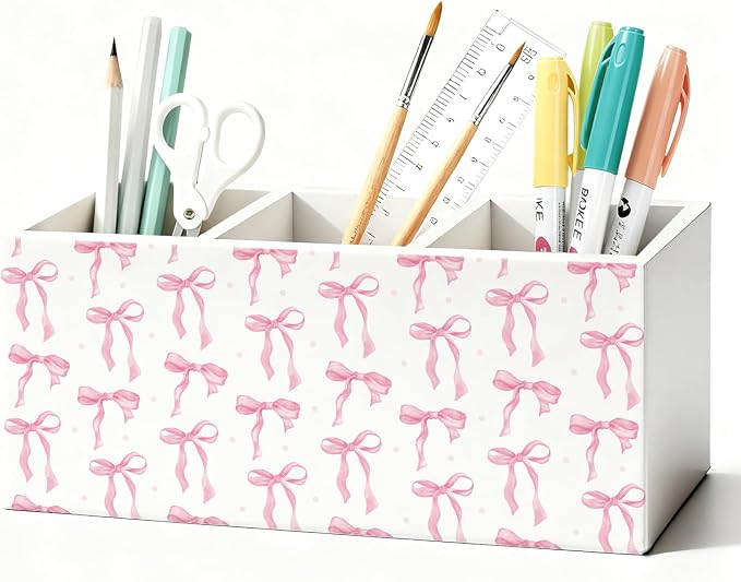 Pink Coquette Bow Pen Pencil Holder for Desk, Girly Office Decor, Preppy Pink Bow Aesthetic Wooden Box Sign Decorations for Girly Room Bedroom Dorm Office Desk Tabletop