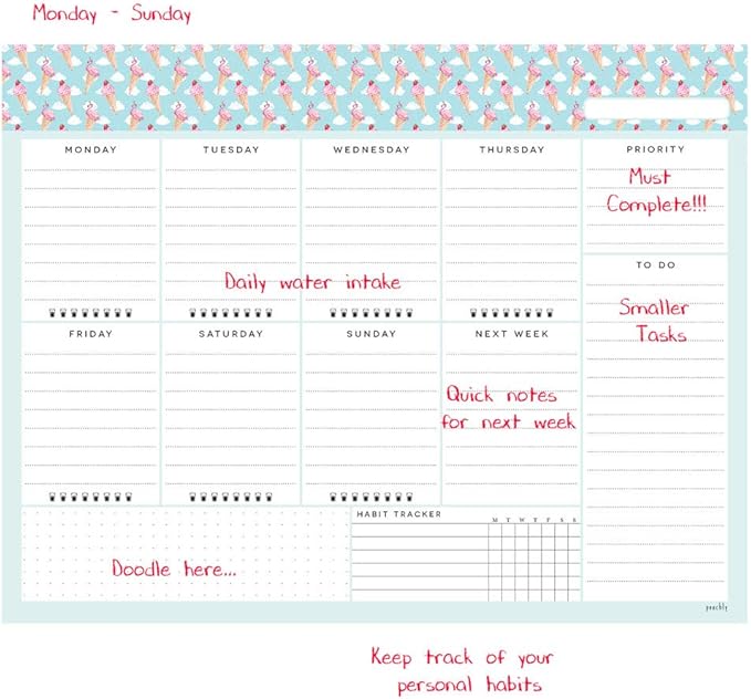 Undated Desk Planner Pad - 52 Pages Weekly Notepad with To Do List and Habit Tracker | Weekly Desk Pad Tear Off for Organization (Ice Cream)