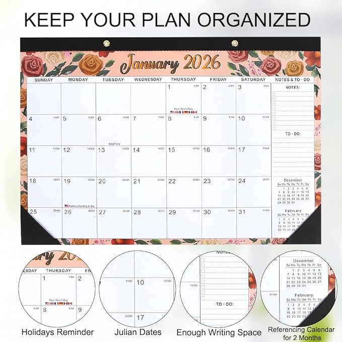 Desk Calendar 2026, Wall Calendars 2026-2027, 18 Month Calendar Runs from Jan 2026 - Jun 2027, 17" x 12" Large Flower Wall Calendars Desktop Monthly Planner for Home Office Teacher School Supplies