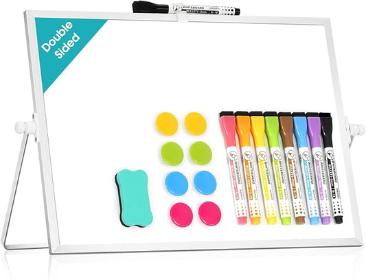 Dry Erase White Board, WALGLASS 12" x 8" Small Desktop Whiteboard with Stand, Double-Sided Magnetic Whiteboard, Portable Dry Erase Board for Kids Drawing, Study, Home, Office, School