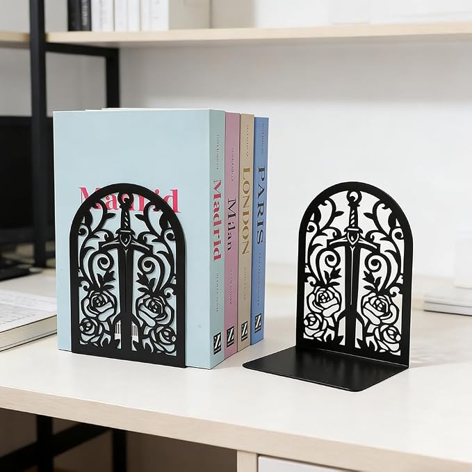 Book Ends, Bookends, Book Ends for Shelves, 2Pair Non Skid Metal Book Divider Decorative Holder, Abstract Art Desgin Book Stopper Supports for Office, Home (Sword Rose)