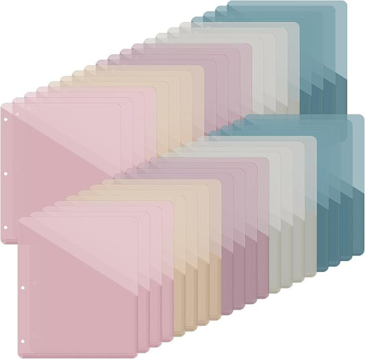Maitys 50 Pack Binder Pockets 3 Hole Punch Clear Plastic Document Folders Binder Organizer Store Letter Size 8.5x11 Inch Paper Folders with Pockets Slash File Jacket for Office (Morandi Color)