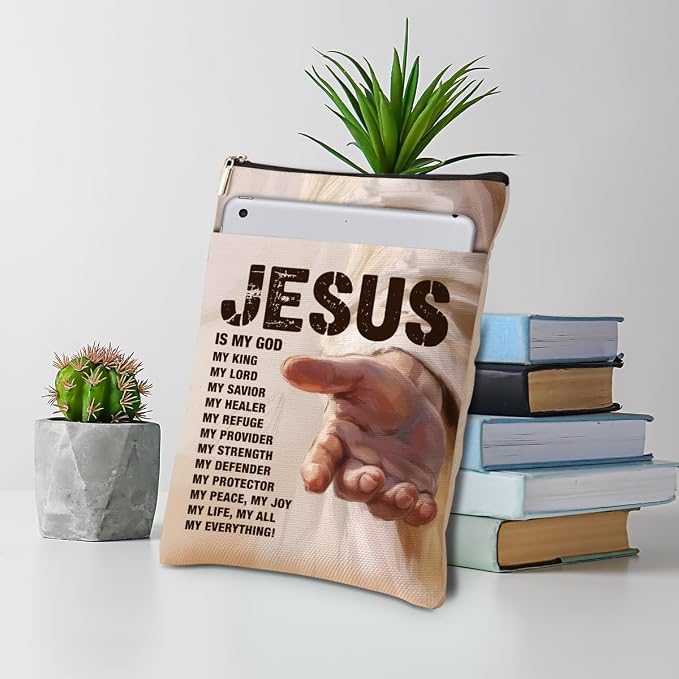 Jesus Bible Book Sleeve, Book Lovers Gifts Sleeve with Zipper & Front Pocket, 11.4x8.8 Inch Canvas Books Cover Protector Bookish Bible Gift for Readers Women Teacher, Inspirational Gifts for Christian