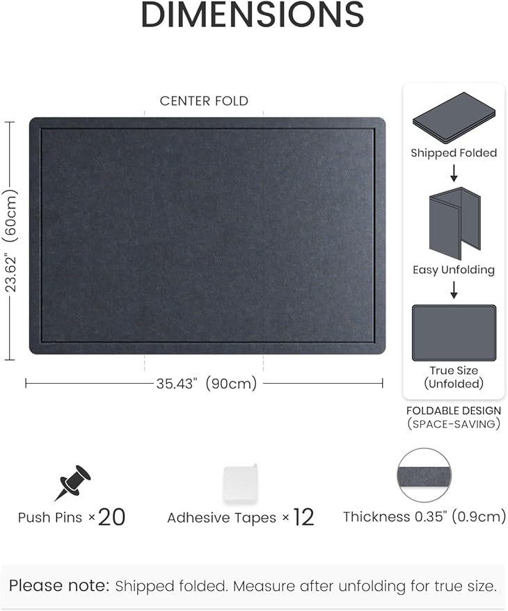 Fluxynara Bulletin Board,35.4" x 23.6" Cork Board Alternative with 12 Safe Removable Adhesive Tabs, Foldable Felt Pin Board for Home Office, Classroom, Bedroom,Entryway for Walls— Navy Blue