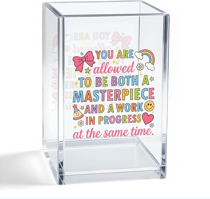 You Are Allowed To Be A Masterpiece Acrylic Pen Holder, Inspirational Gifts for Women Daughter Sister, Self Love Desk Organizer for Friend Student Teacher, Office School Encouragement Decor