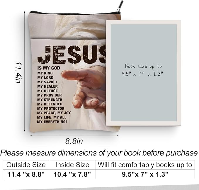 Jesus Bible Book Sleeve, Book Lovers Gifts Sleeve with Zipper & Front Pocket, 11.4x8.8 Inch Canvas Books Cover Protector Bookish Bible Gift for Readers Women Teacher, Inspirational Gifts for Christian