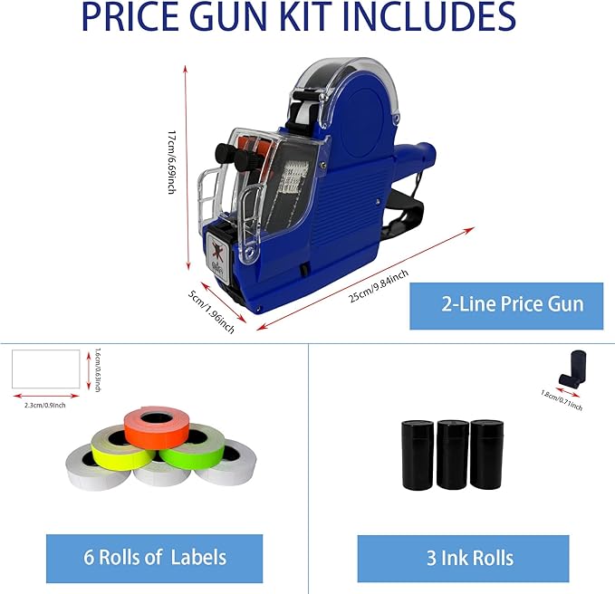 2 Line Price Gun with 1200 White 400 Red 400 Yellow 400 Green Labels 3 Ink Rollers,1 Ink roll and Labels Pre-Loaded