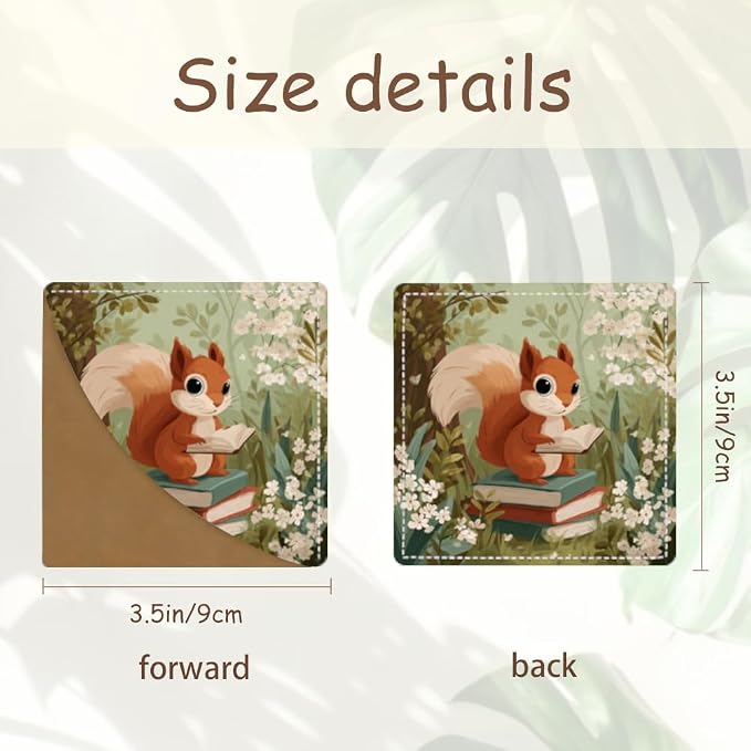 2PCS PU Leather Bookmarks 3.5x3.5 Inch Squirrel Floral Reading Design | PU leather bookmarks with squirrel floral reading design for story books, journals, study notes, young readers and book fans