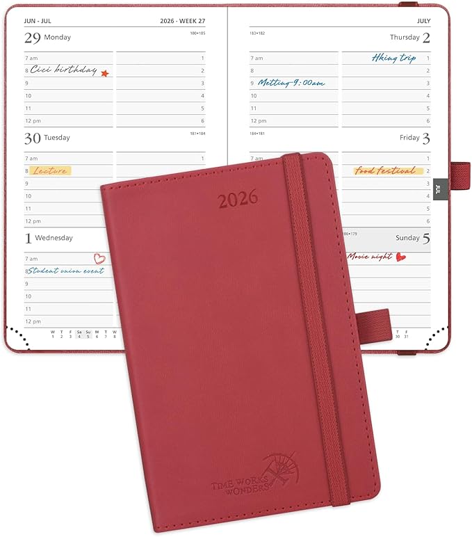 POPRUN Pocket Calendar 2026 (Small Size- 4'' x 6.25") Weekly and Monthly for Purse - Planner 2026 (Jan. 2026 - Dec. 2026) with Vegan Leather Soft Cover, Inner Pocket, 100GSM - Burgundy Red