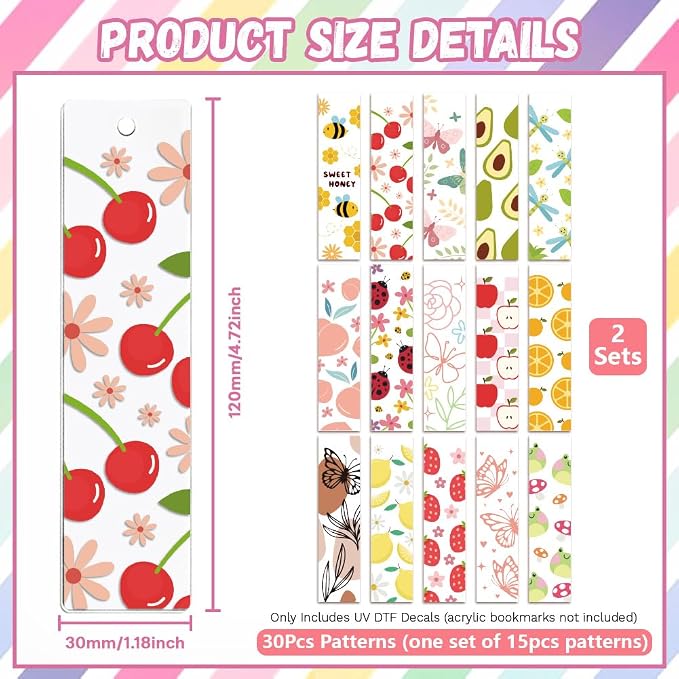 Peacoblue 30pcs UV DTF Bookmarks Transfer Stickers Wraps Fruit for Women Men Reading, Waterproof Bookmarkers Decal(No Blank Bookmarks) for Acrylic Plastic Metal Blank Bookmark