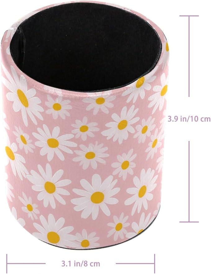 Cute Pink and Daisy Wildflowers Leather Pen Holder for Desk, Multifunctional Desktop Organizer Pencil Cup, Desktop Caddy Stationery Organizer for School Home Office Desk Accessories