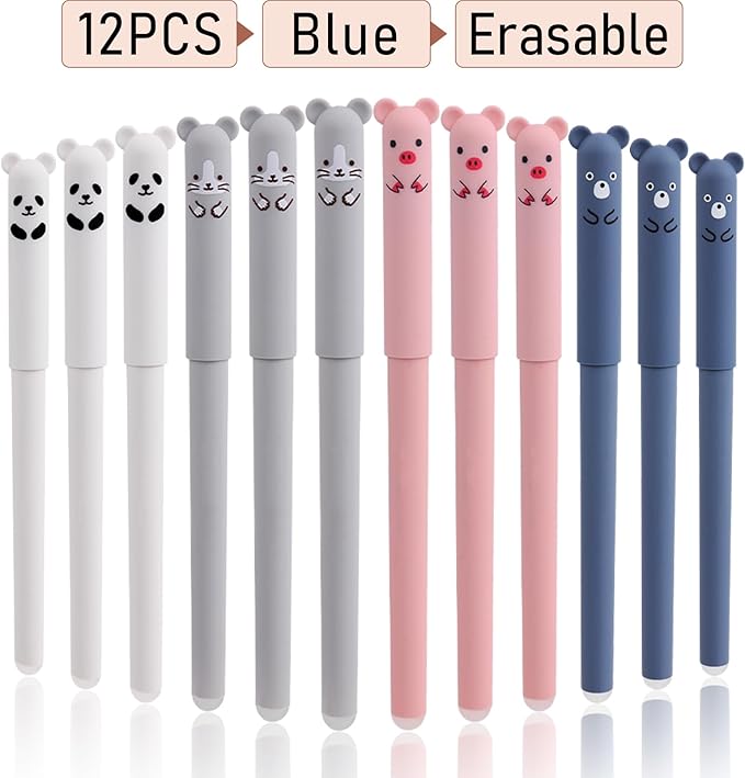 RIANCY 0.4mm Erasable Gel Pens,12 Pack Cute Cartoon Animal Rollerball Gel Ink Pens Refillable Pens for Adult Writing Kids Calligraphy Note Taking (12 Blue Ink)
