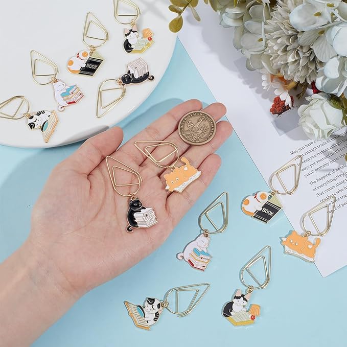 OLYCRAFT 12Pcs 6 Styles Paperclips 2.1~2.4 Inch Alloy Enamel Pendant Paperclip Metal Paper Clip Book Cat Pendant Creative Paperclip Bookmark Paperclips for Paper Document Sorting and Organizing