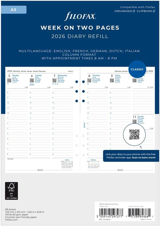 Filofax Calendar Diary Refill, A5 Size, Week-to-View with Appointments, White Paper, Multilingual: Five Languages, 2026 (C68514-26)