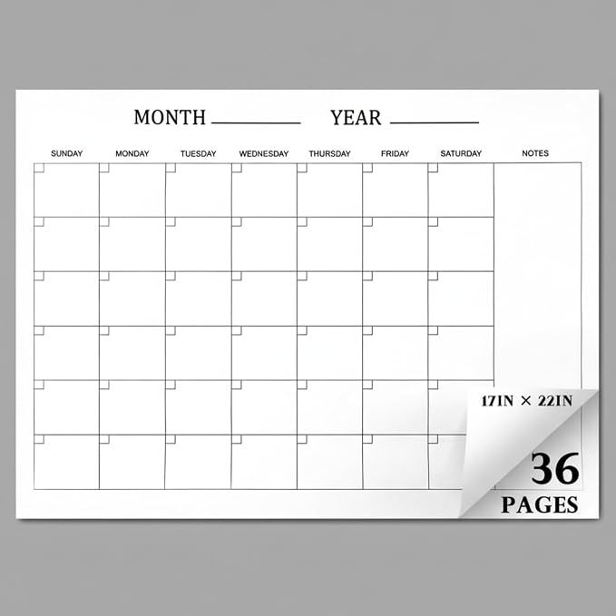 Colarr 36 Sheets 2026 Monthly Blank Calendar Sheets 22 x 17 Inches Blank Calendar Pages Desk Pad Undated Schedule for Office Workers Planning and Organizing