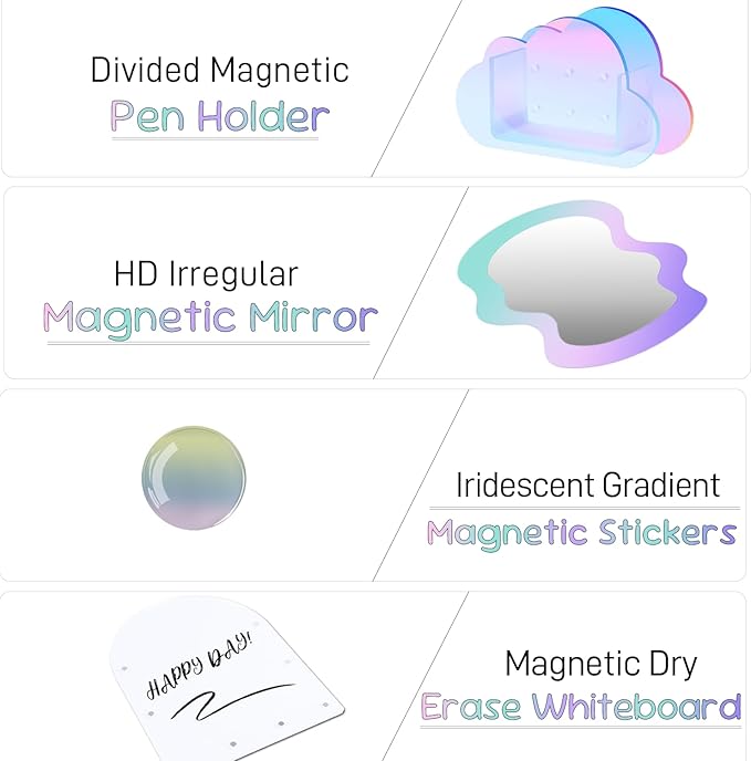 Locker Accessories Iridescent Set, (Acrylic Magnetic Whiteboard, Irregular Mirror, Pen Holder, Marker, Magnetic Clips) School Locker Decor, Work Locker Organizers