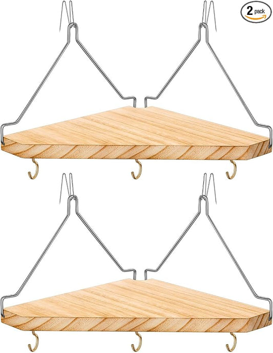 Fabric Wall Cubicle Corner Shelf with Hooks for Work Decor, Wooden Cubicle Organizer Storage Shelf with Hangers Cubicle Accessories for Women Men Desk, 2 Pack