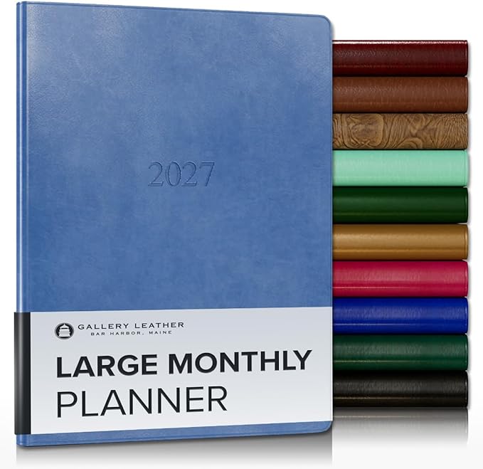 Gallery Leather Large Monthly Planner 2027, Elegantly Bound Calendar Planner and Notebook with Stylish Gold-Gilded Page Edges, 18 Months - Acadia Hydrangea - 9.75x7.5"