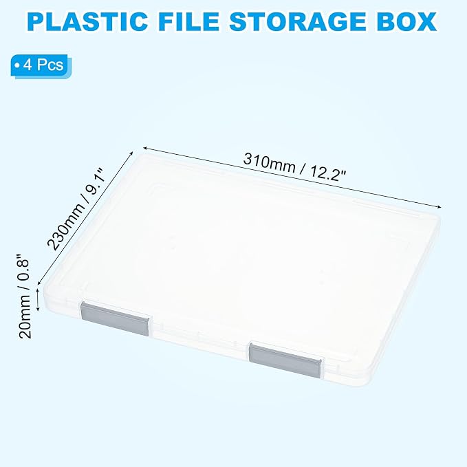 PATIKIL Clear A4 File Portable Project Case with Buckle Plastic Storage Box for 8.5" x 11" Letter Paper Scrapbook Paper Storage Boxes, 4Pcs, 12.2"x9.1"x0.8", Light Gray