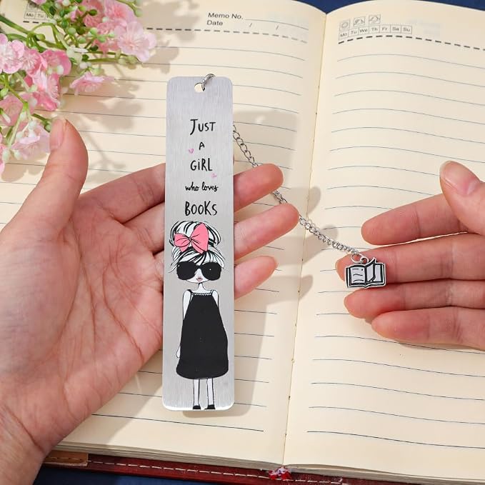 Pink Bowknot Stainless Steel Bookmark - Printed with Cute Bowknot Patterns & Equipped with Heart Pendants, Ideal for Female Readers, Perfect Birthday Gift for Girlfriends (2pcs Set B)