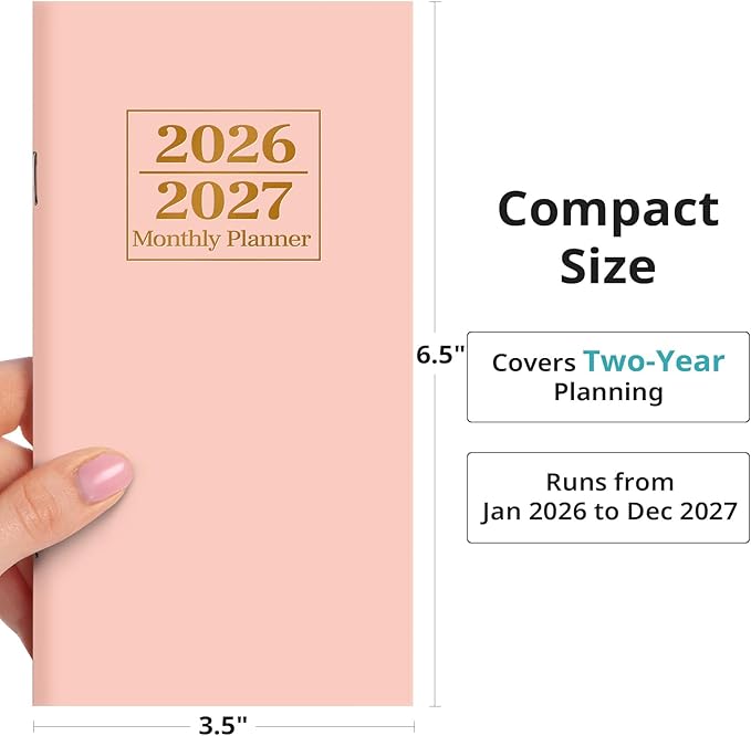 Pocket Calendar 2026-2027 for Purse, Two Year Monthly Planner Pocket Size, Jan 2026 to Dec 2027 Monthly Planner Small Size (6.5" x 3.5") - Pink