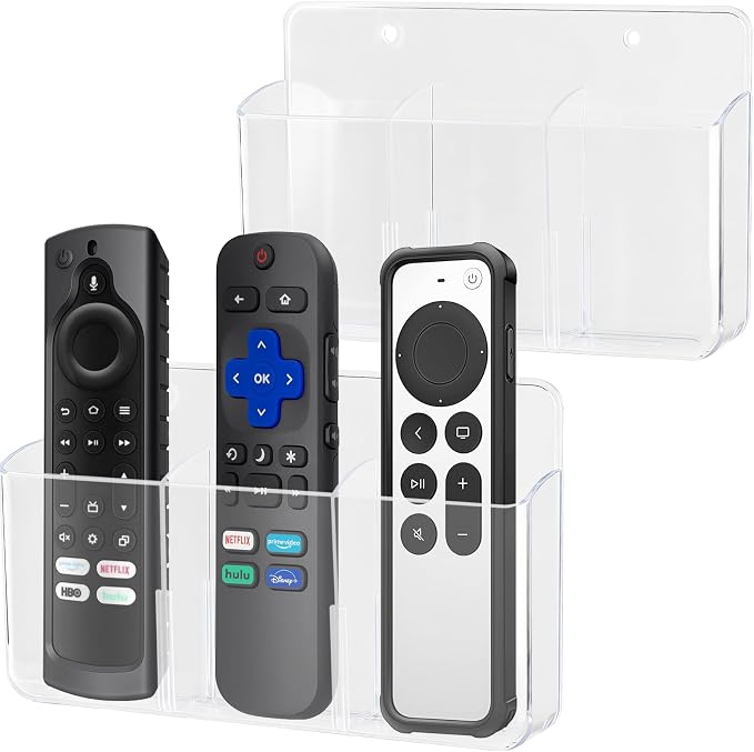 Remote Control Organizer, Clear, 2 Pack | 3 Slot, Wall Mount, Self Adhesive, For TV Remote, Marker & Pen