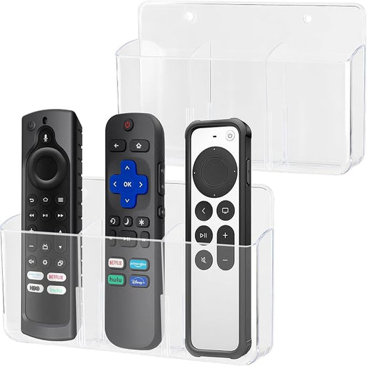Remote Control Organizer, Clear, 2 Pack | 3 Slot, Wall Mount, Self Adhesive, For TV Remote, Marker & Pen