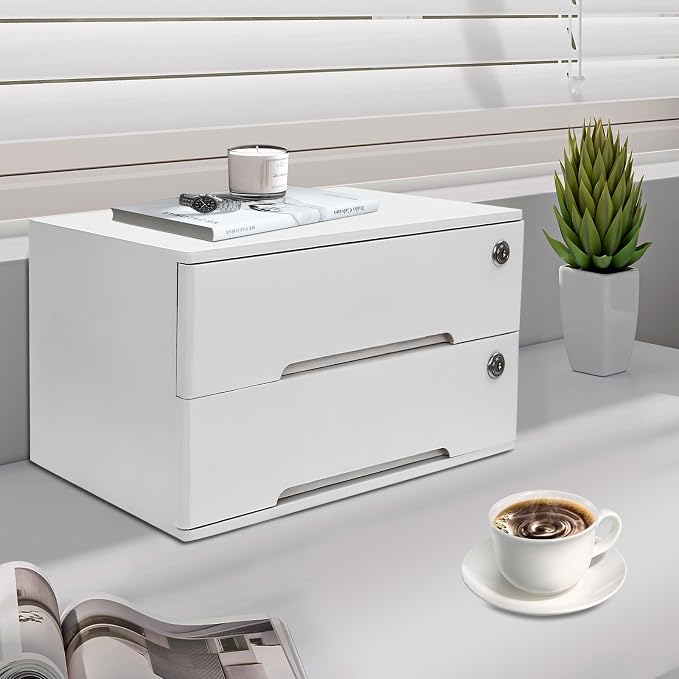Wooden Desktop Storage Box with Lockable Drawers, Flat File Cabinet Drawer Desktop Storage Box, Countertop Storage Cabinet for Office Home Toiletries Supplies Vanity (White, 2 Drawer)