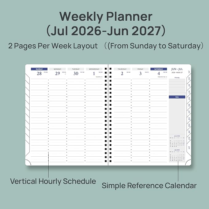 POPRUN 2026-2027 Academic Weekly Planner, 7" x 8.5" Calendar from July 2026 to June 2027, Spiral Bound Appiontment Book with Vertical Layout, 30 Minutes Hourly Time Slots, Leather Soft Cover, Monthly Tabs - Beige