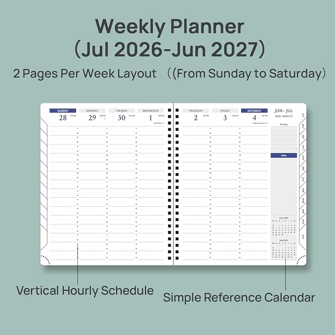 POPRUN 2026-2027 Academic Weekly Planner, 7" x 8.5", July 2026 to June 2027, Spiral Bound Notebook with Vertical Layout, Hourly Time Slots, PU Leather Softcover, Inner pocket - Olive Green