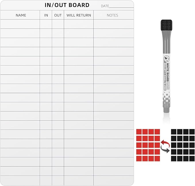in and Out Calendar Dry Erase Board for Wall with 20 Magnetic Blocks, in/Out Planner for Office Staff Schedule Tracker 16" x 12"
