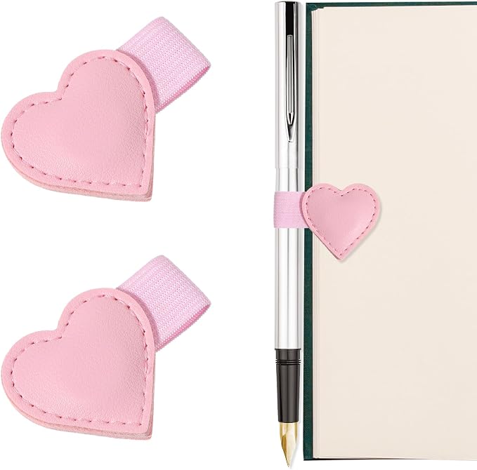2PCS Magnetic Leather Bookmarks with Pen Clip Heart-Shaped Magnetic Pen Holder Cute Gift for Book Lover Readers Book Accessories for Women Girls Notebooks Journals Calendars Standard (Pink)