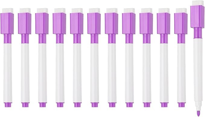 PATIKIL Whiteboard Pen, Fine Tip Dry Erase Purple White Board Markers with Eraser Whiteboard Calendar Supplies for Classroom Office, 12 Pcs, 0.5-1mm Tip