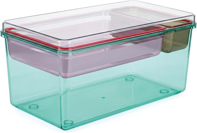 MOSSRIVER 3 Pack Clear Drawer Organizer Set, Plastic Desk Organizer Bin with Lid & Trays, Colorful Storage Box with Removable Trays for Cosmetics, Jewelry, Bedroom, Bathroom, Office, Combo 03