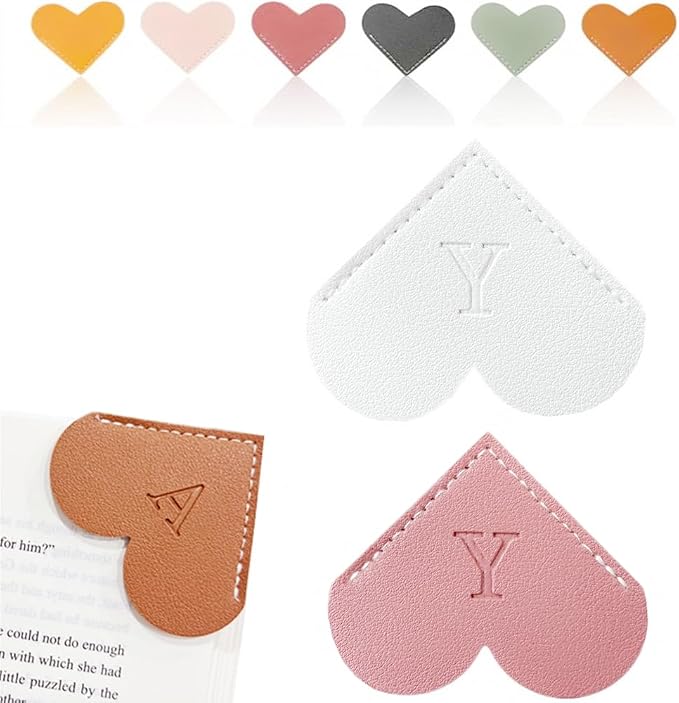 Personalized Leather Heart Bookmark, 26 Letters Customized Corner Book Mark for Reading Women, Book Marker with Initials，Cute Gifts (White+Deep Pink, Y)