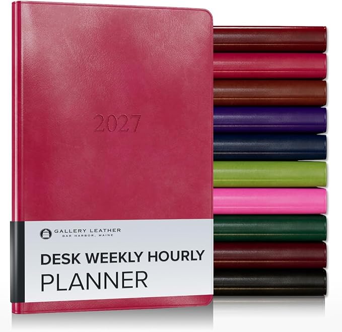 Gallery Leather Desk Hourly Weekly Monthly Planner 2027, Elegantly Bound Calendar Planner and Notebook with Stylish Gold-Gilded Page Edges, 12 Months - Acadia Wild Rose - 8x5.5"