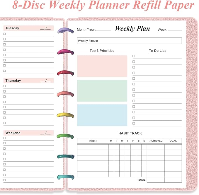 (2-Pack) Weekly Planner Undated Refills - Junior Size 106 Sheets/212 Pages Colorful Weekly Planner for 8-Disc Discbound, 100 gsm White Paper, Lasts 2 Year, Undated, 5.8" x 8.3"