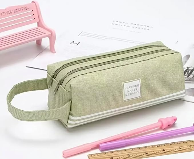Large Capacity Green Pencil Organizer with 2 Zipper Pockets, Multi Purpose Pouch, Canvas Stationery Bag for School and Office Supplies, Multi-Purpose Pen Pouch and Travel Storage Case (Green)