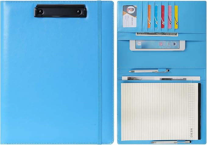 Wonderpool A4 PU Leather Clipboard Partfolio Notepad Forms Holders Document Case - Interview Planner Meeting Writing Padfolio File for Office Travel School Hotel (Sky Blue, A4)