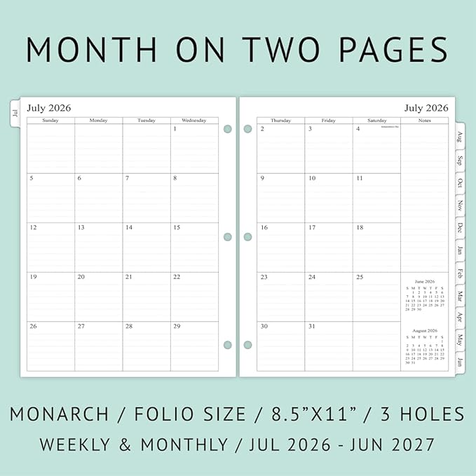 newestor 2026-2027 Weekly Planner Refills for 3-Ring Binder with Monthly Tabs, Jul 2026 - Jun 2027, 8-1/2" x 11", Folio Size 5 / Monarch