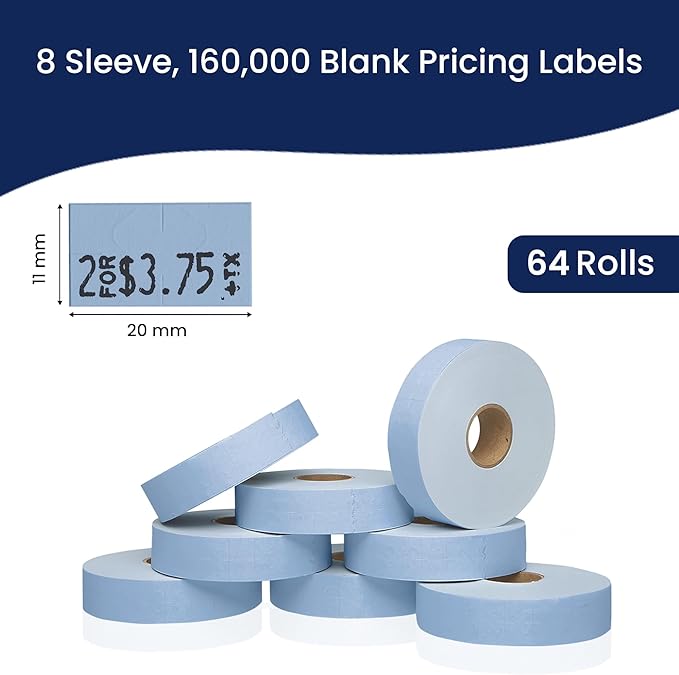 Blue Pricing Labels for Monarch 1131 Price Gun – 8 Sleeves, 64 Rolls Value Pack - 160,000 Price Marking Labels – with Ink Rolls Included
