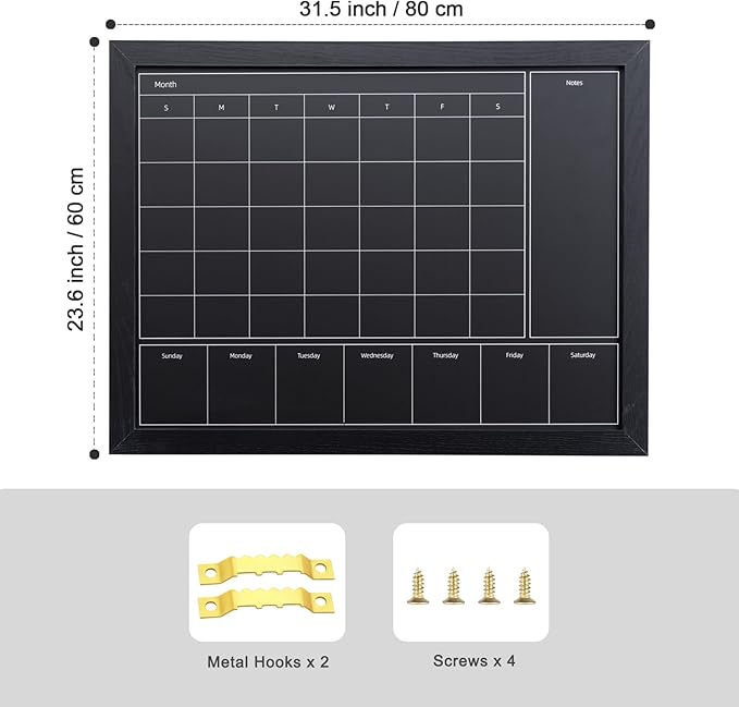 3-in-1 Chalkboard Calendar for Wall, Magnetic Monthly & Weekly Calendar, 31.5x23.6 inches Blackboard for Wall with Black Wood Frame, Hanging Chalkboard for Decor/Memo(YL+ZL-HB-BK,6080)