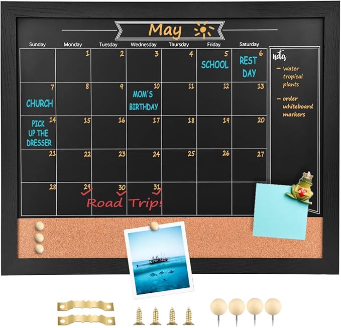 Chalkboard Calendar and Bulletin Combo Board. 13" x 17" Black Wooden Frame，Magnetic Chalkboard.Perfect for Office, Home School Message Board,HBZHB-BK3442-US