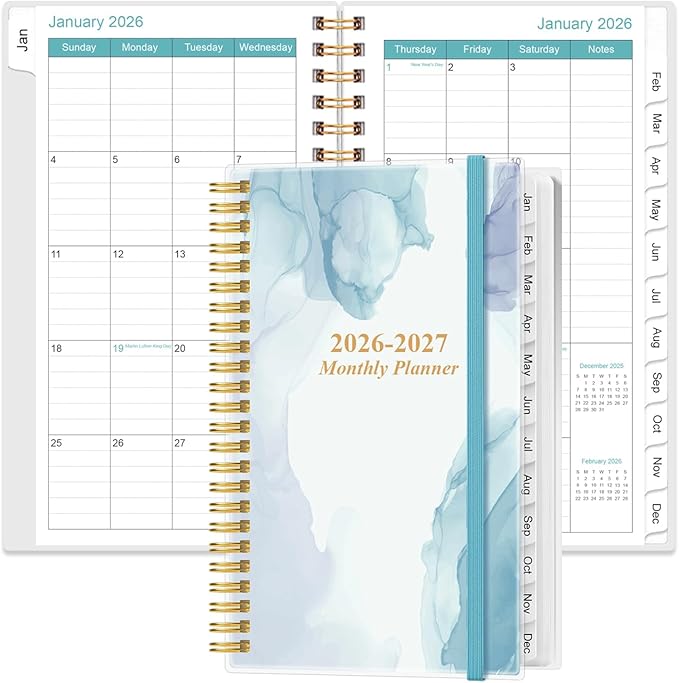 2026-2027 Monthly Planner - January 2026 - June 2027, Two Pages Per Month, 18 Monthly Calendar/Planner with Tabs, Strong Twin-Wire Binding, Inner Pocket, 3.75" x 6.5", Blue Watercolor